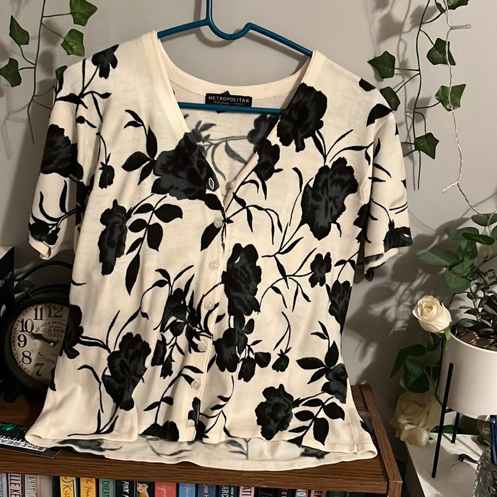 Navy Blue and Cream Floral Button Up Sweater